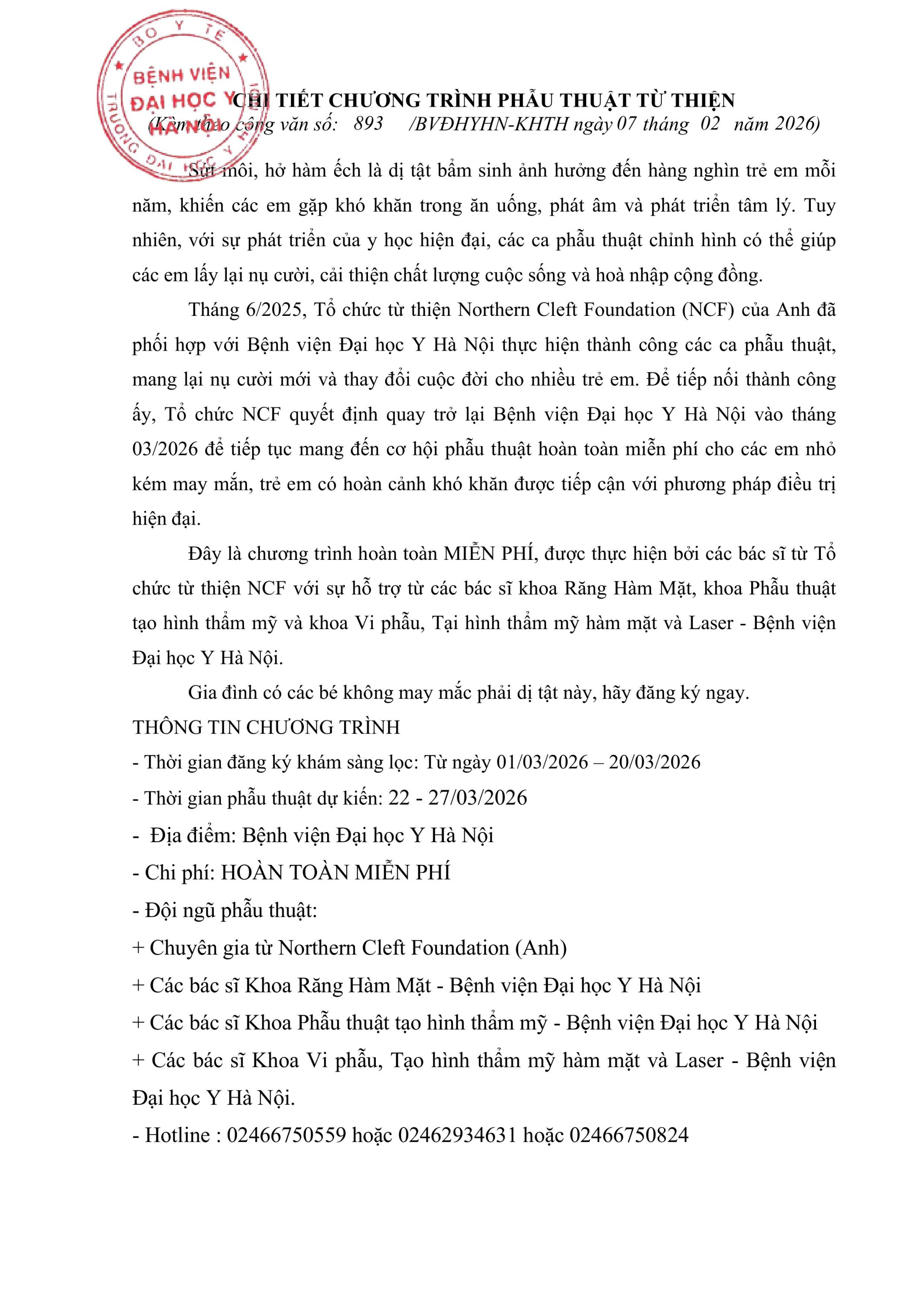 THÔNG BÁO CHƯƠNG TRÌNH PHẪU THUẬT MIỄN PHÍ CHO TRẺ HỞ MÔI HÀM ẾCh hình ảnh 1